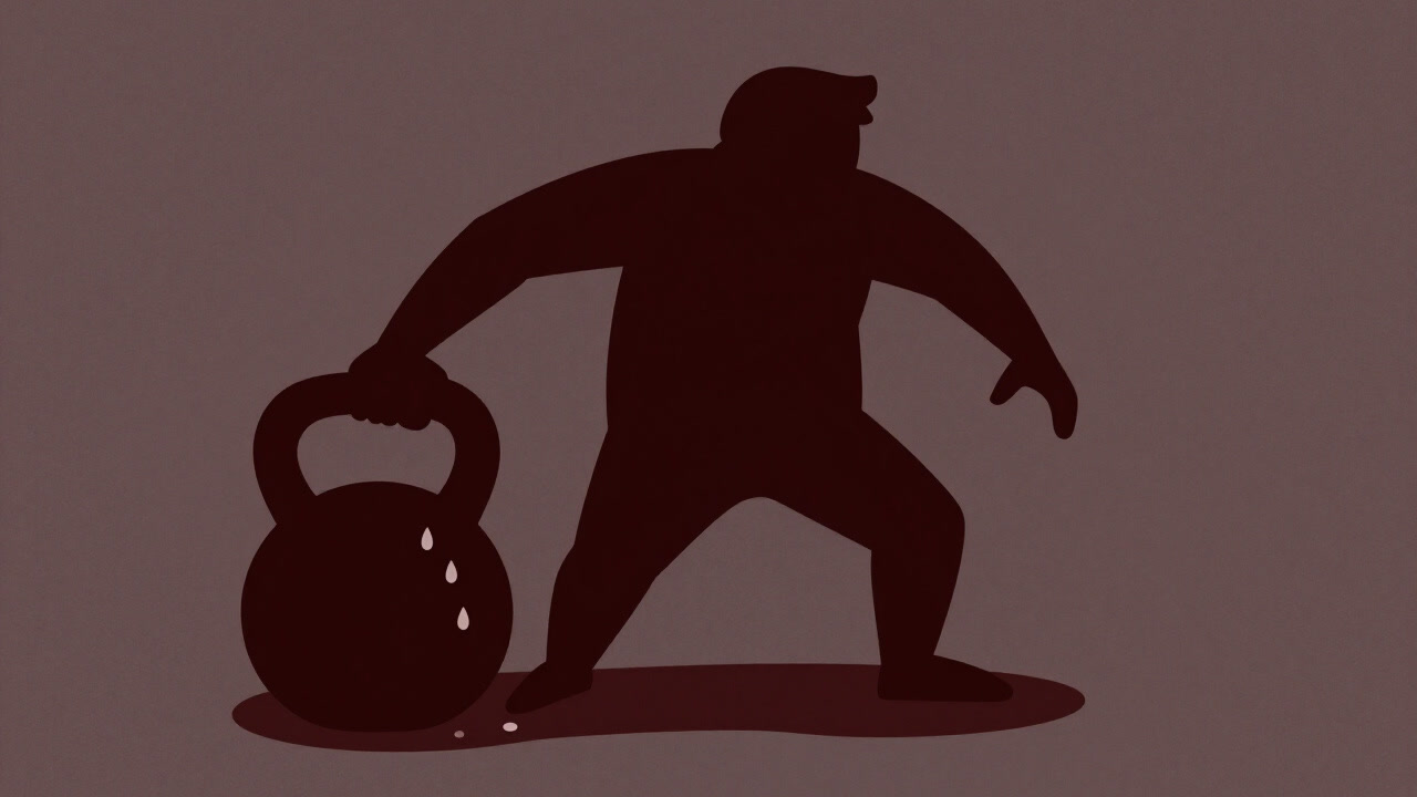 Silhouette of a person trembling while holding a heavy kettlebell in one hand, sweat droplets glistening on the floor.