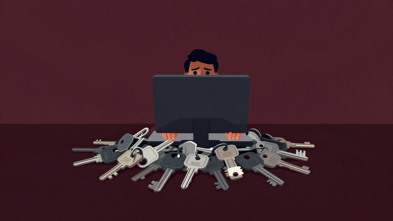 山積みの鍵束に埋もれつつ、途方に暮れる管理者のイラスト