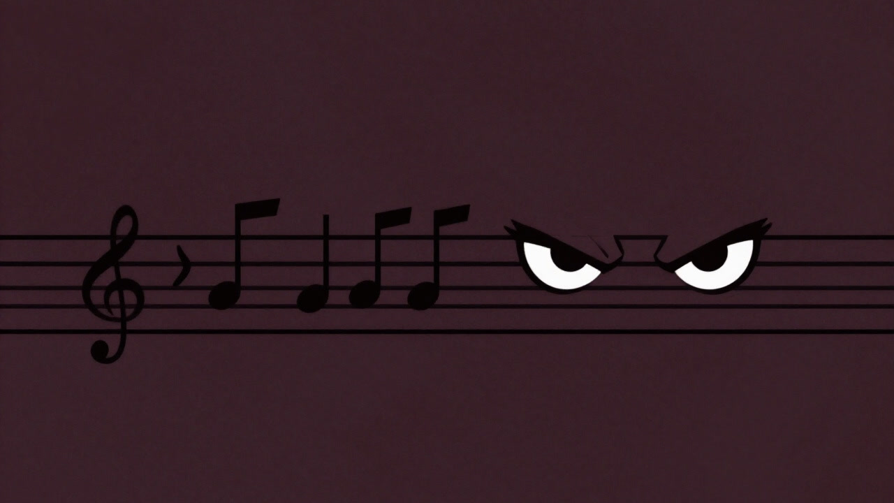 五線譜の左端に並ぶ複数のシャープとフラットが、冷たい視線で演奏者を見据えるイラスト