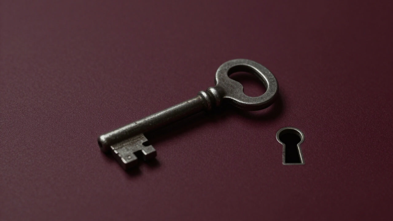 Close-up of an old worn metal key lying against a keyhole background