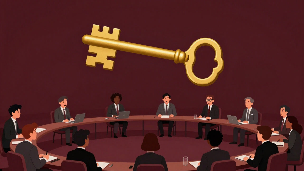 コーチの口から飛び出る「キーストーン習慣」が巨大な鍵となり、参加者を振り回すイラスト