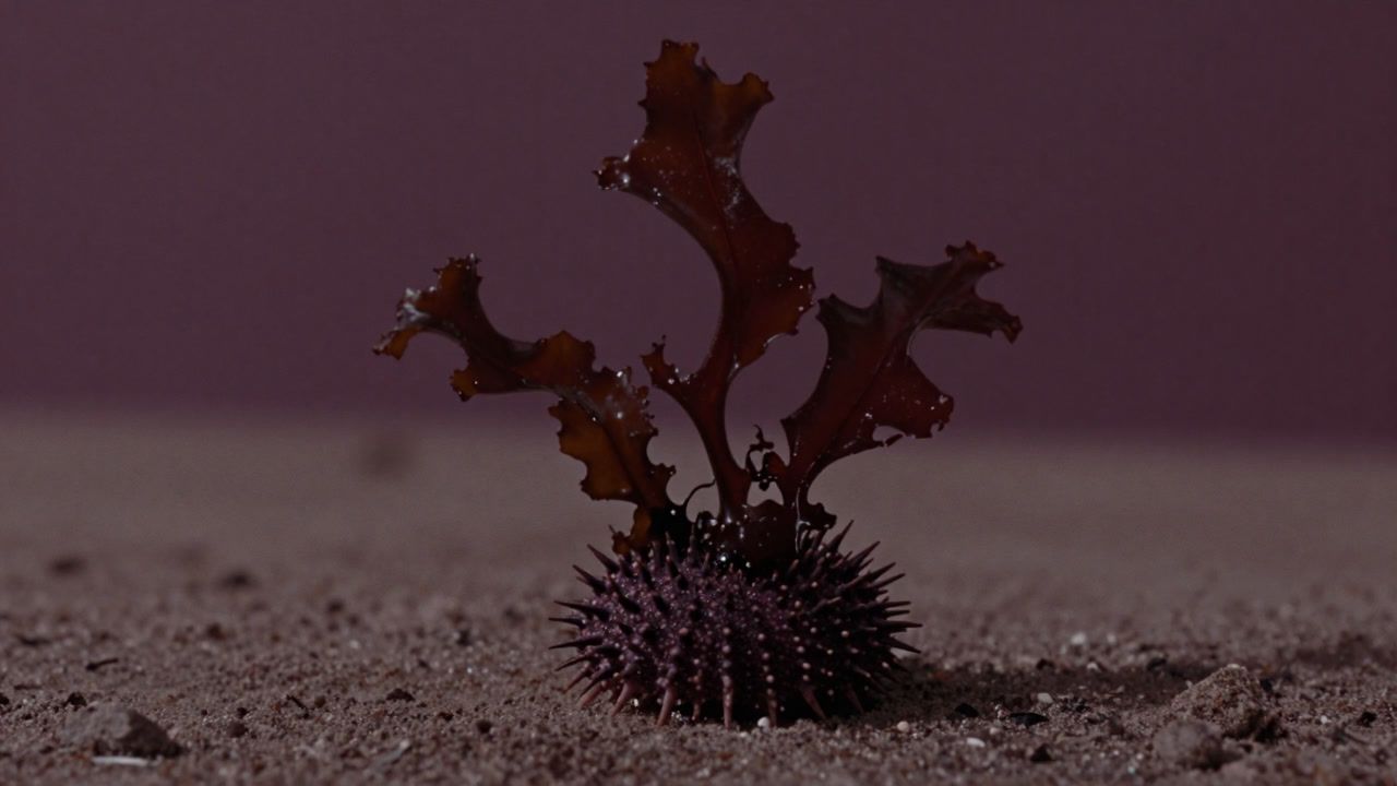 波打ち際で小さなウニが巨大な藻に囲まれ、疎外感を漂わせる様子