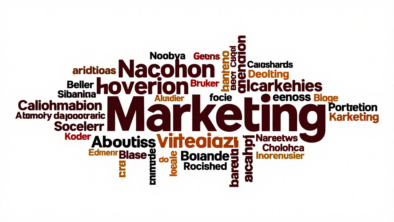 白い背景にカラフルなキーワードの雲が浮かぶイラスト