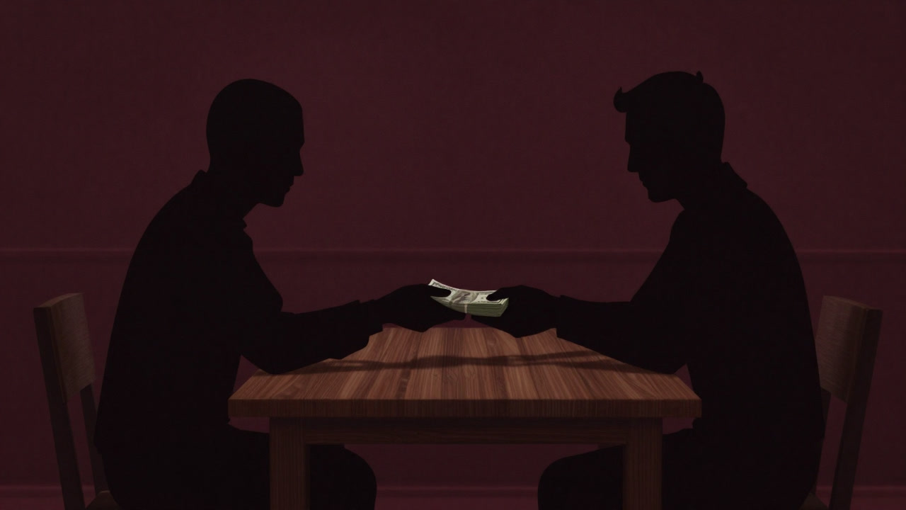 テーブルの下で手が札束を差し出す様子