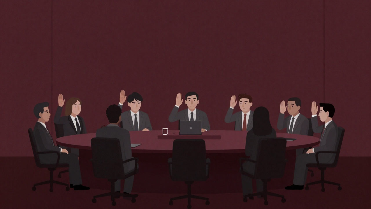 会議室で大勢が無駄に手を挙げている様子のイラスト