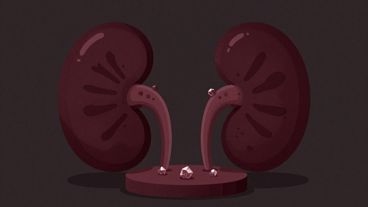 コロコロと転がる小さな結晶が、腎臓の形をした舞台で観客（尿）を苦しめる様子のイラスト