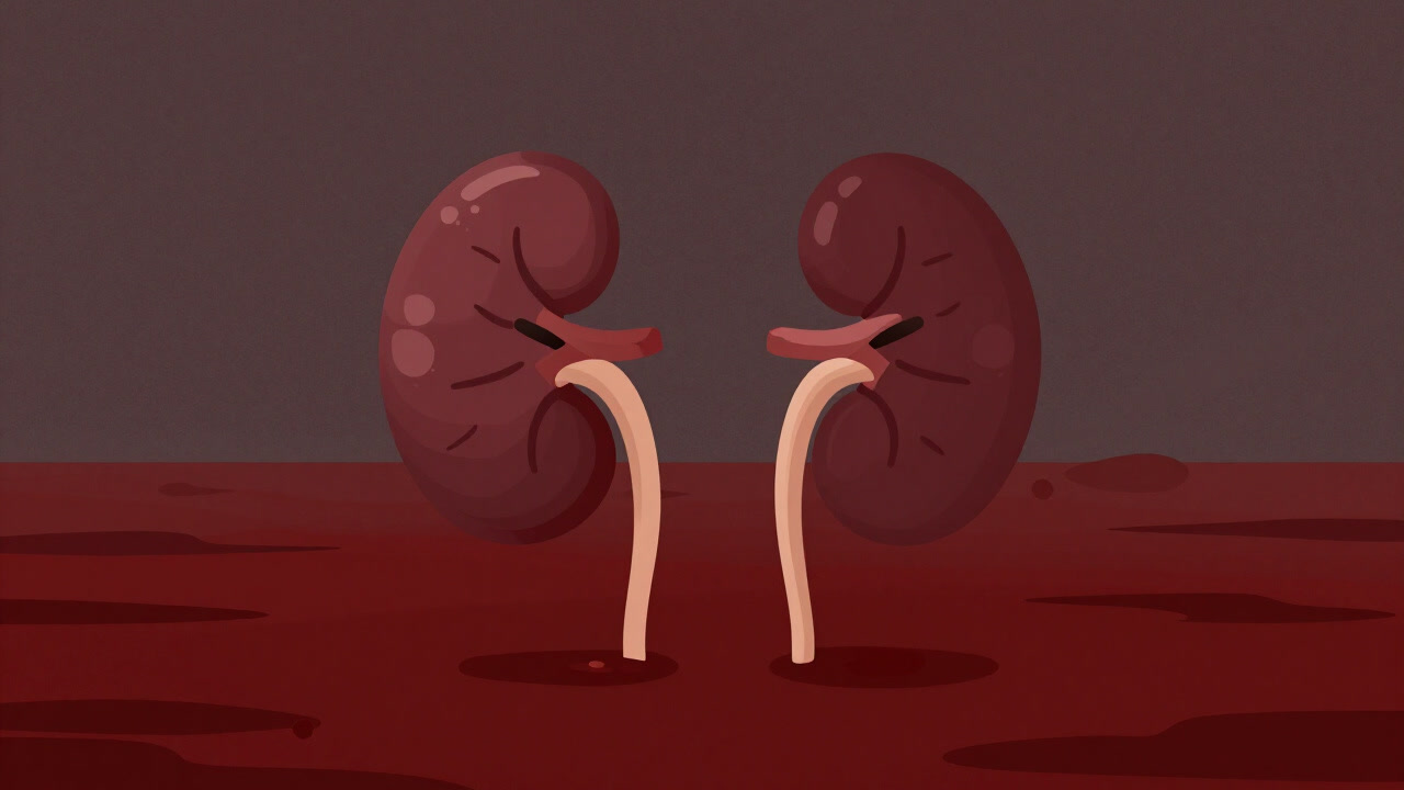Illustration of two anthropomorphic kidneys floating exhausted in a sea of blood
