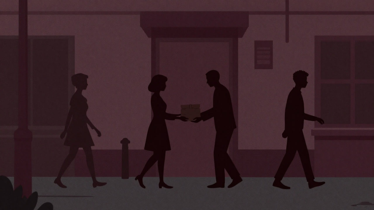 Illustration of silhouettes exchanging small acts of kindness on a cold city street