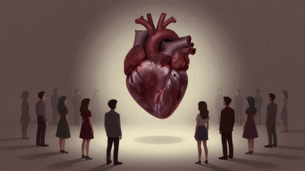 Illustration of a giant heart floating above people, smiling in a soft glow.