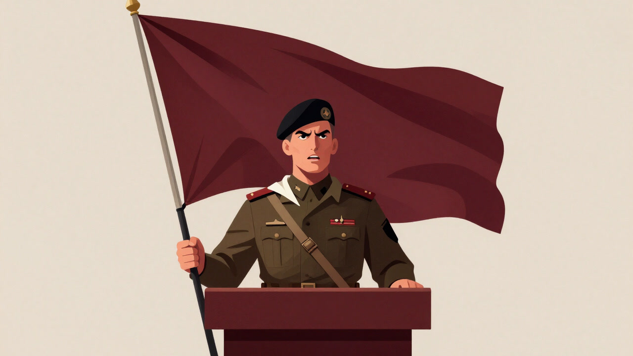 Illustration of a soldier standing behind a podium, serious expression, with a flag draped behind him.
