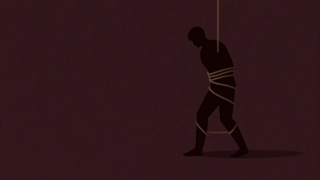 Illustration of a silhouette entangled in ropes writhing in darkness