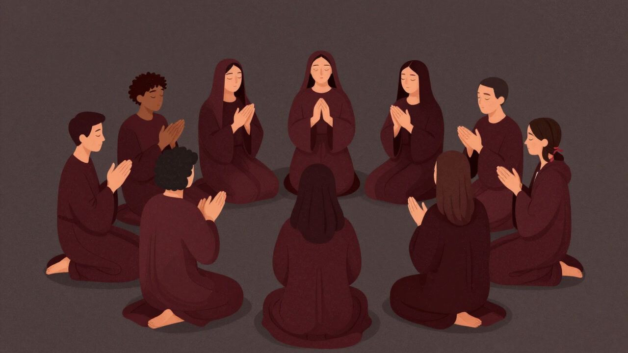 参拝者たちが円形に集まり、同じフレーズをリズミカルに唱えながら手拍子を合わせる光景のイラスト