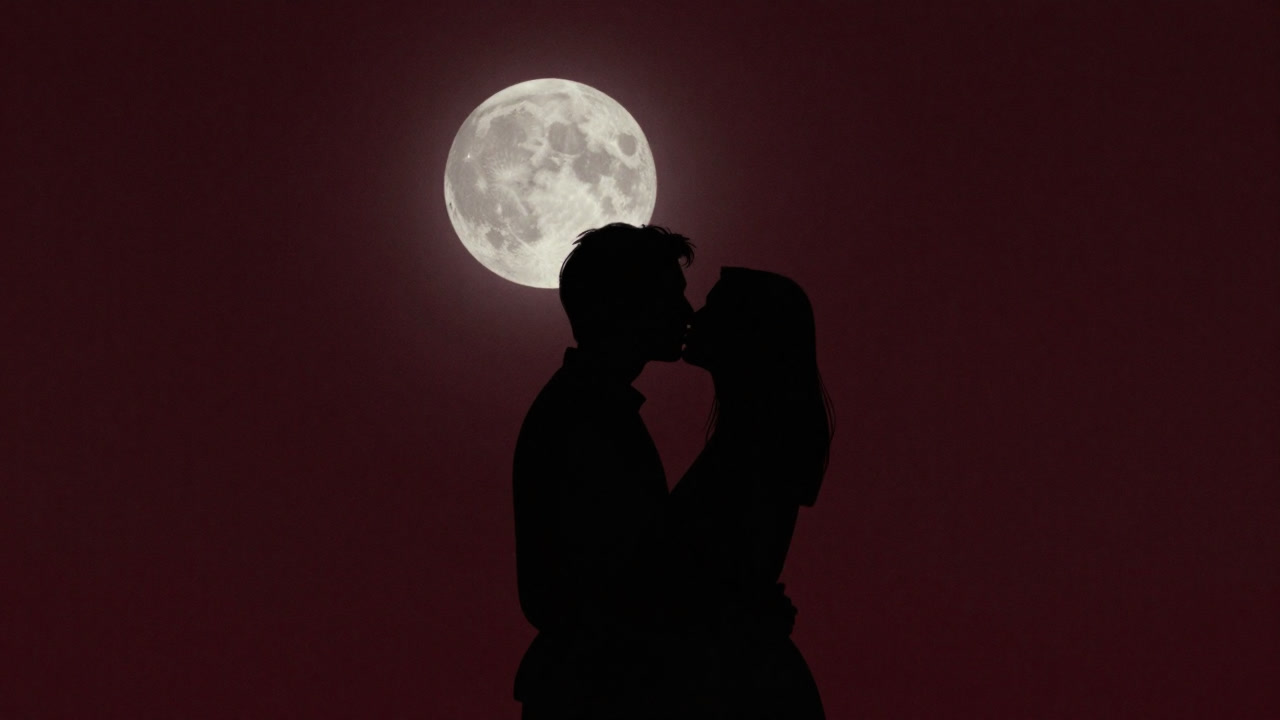 月明かりの下で唇を重ねようとする二人のシルエット。