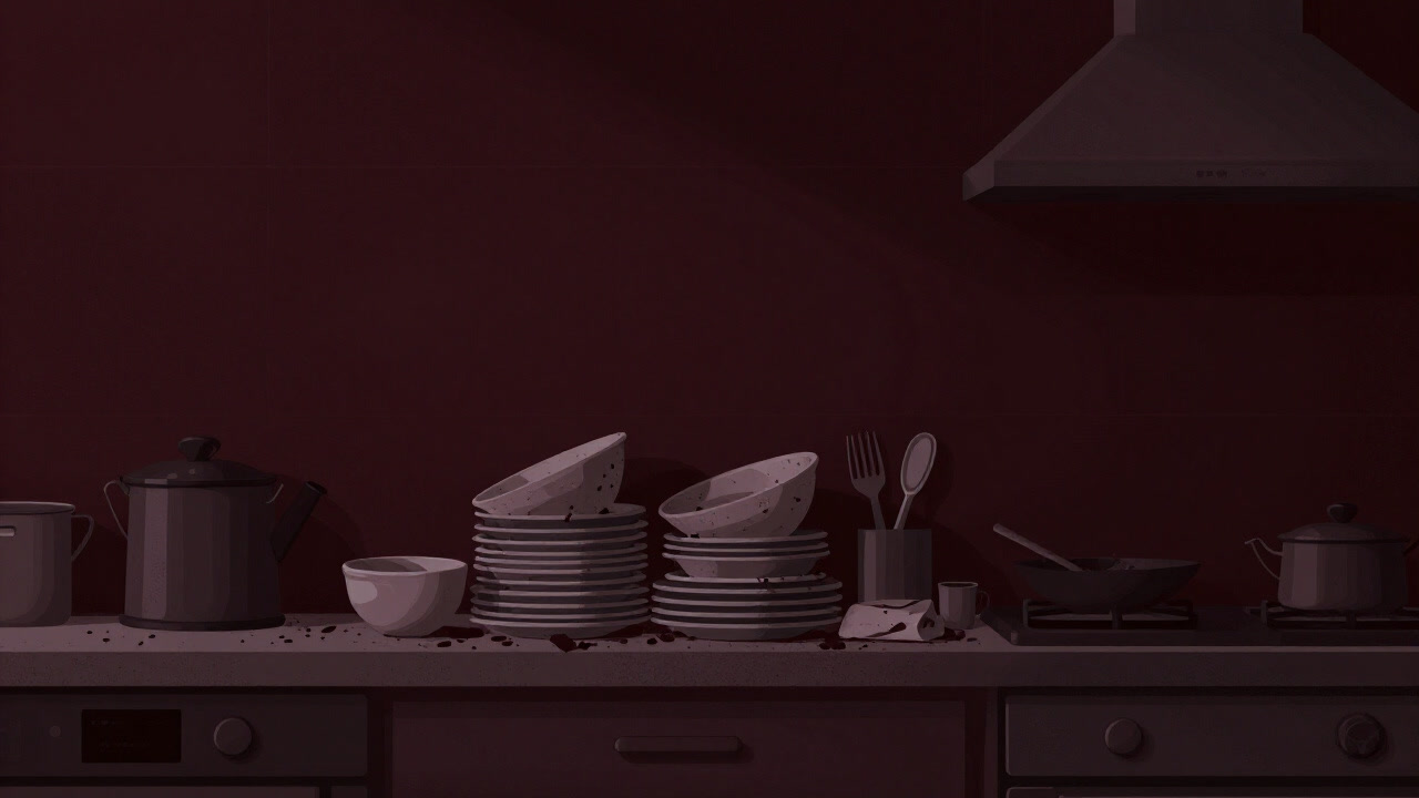 Image of a kitchen shackled by dishes and utensils like a prison cell