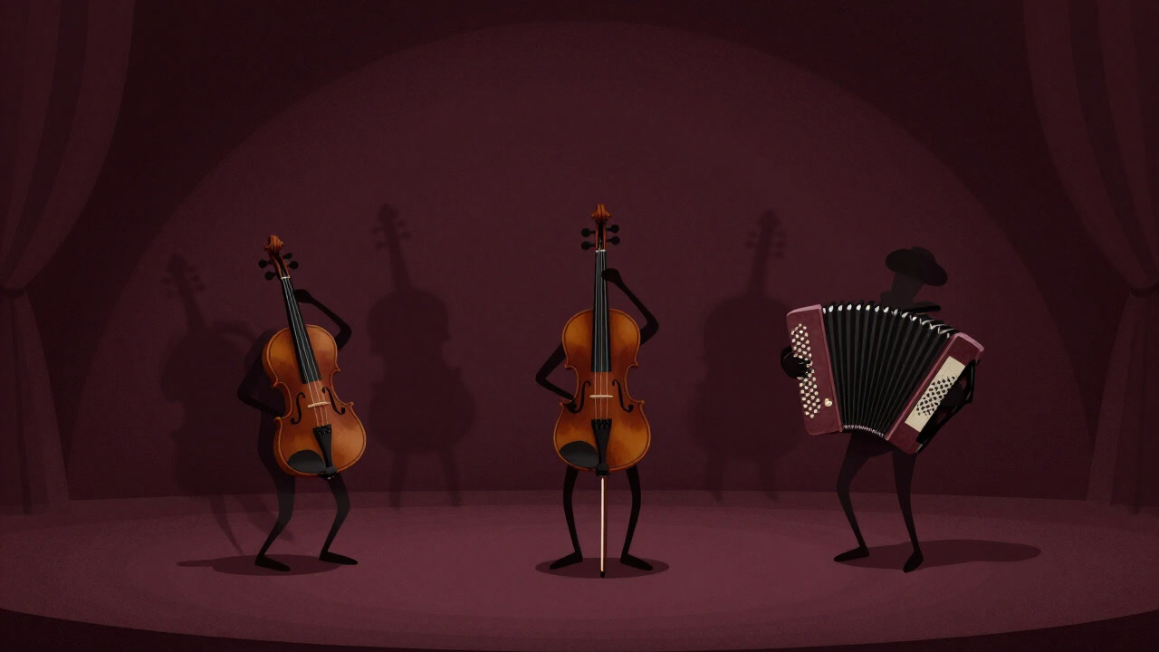 Image of intertwined shadows of a violin and accordion on a dim stage swirling with sorrow and joy.