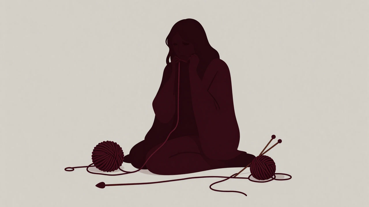 Silhouette of a person surrounded by yarn and needles, staring blankly in despair
