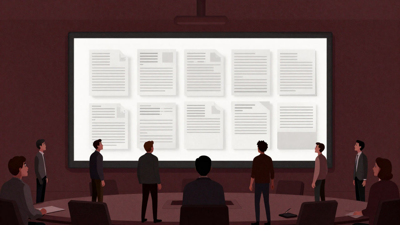 Illustration of bewildered employees standing before a conference room monitor stacked with piles of documents