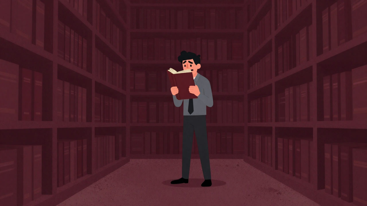 Illustration of an employee in a dusty archive holding a worn textbook, looking bewildered
