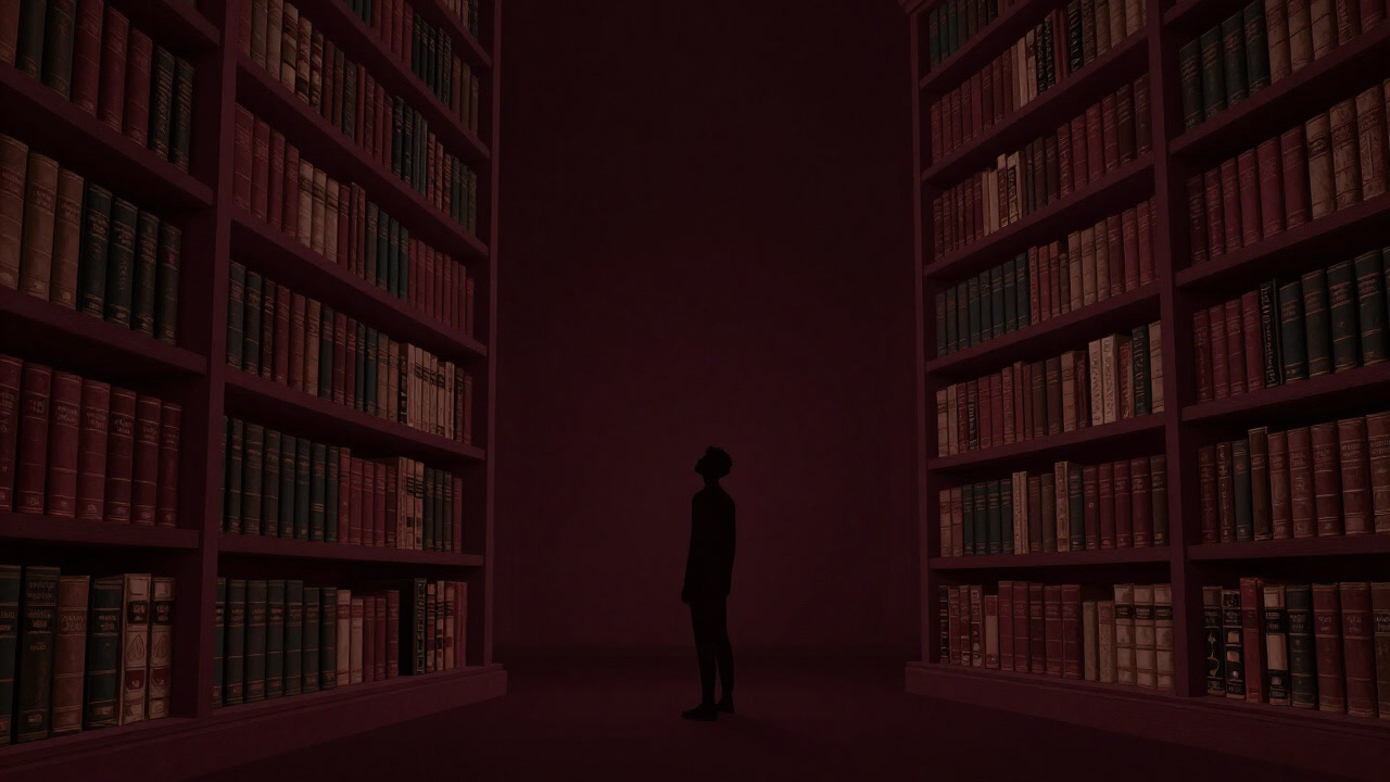 Silhouette of a person gazing up at an ancient bookshelf