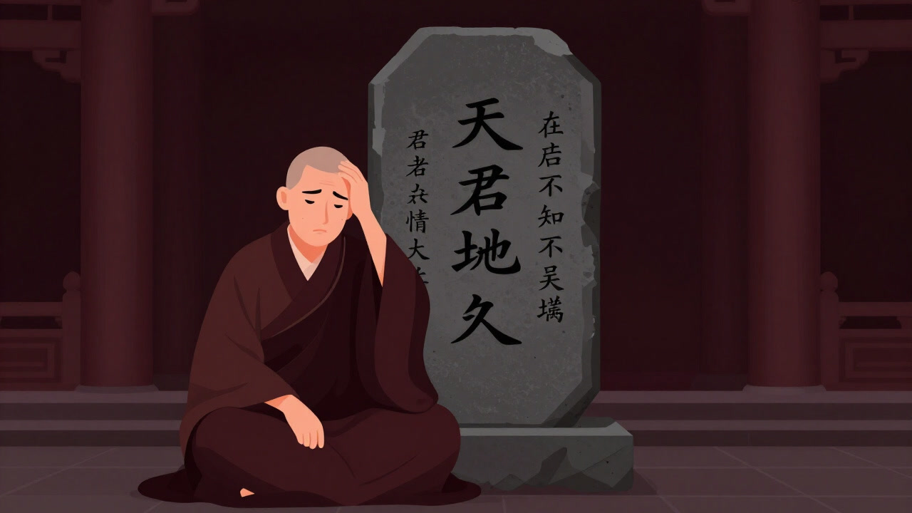 A monk tilting his head in confusion before an ancient stone tablet engraved with a verse.