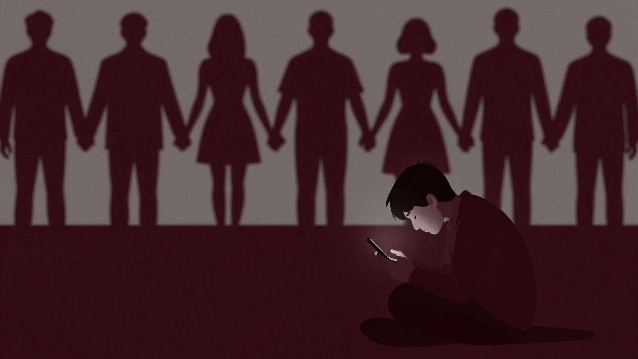 手を取り合う人々のシルエットが背景に浮かび、前景には無表情な参加者がスマホを眺めている挿絵