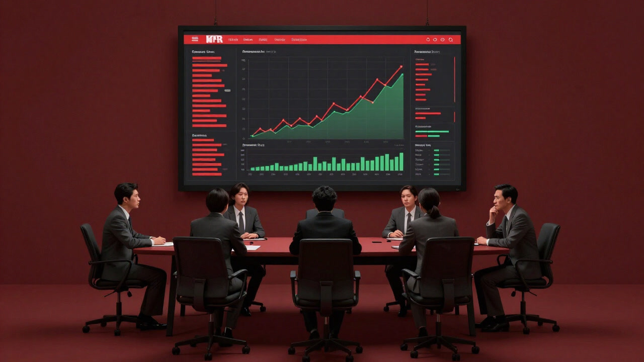 オフィスの会議テーブルに置かれた大きなモニタに、赤と緑のグラフがぎっしり表示されたKPIダッシュボードの画像