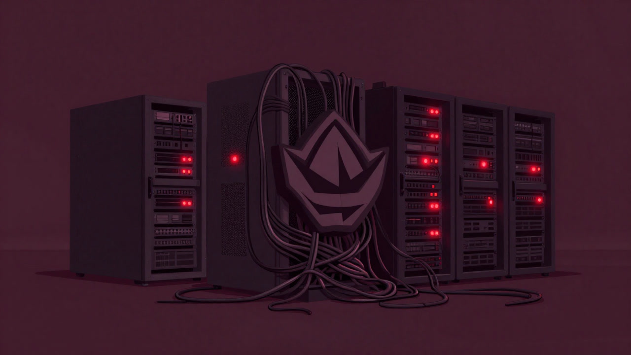 A statue-like Kubernetes logo wrapped in countless cables in a dark data center, blinking red lights