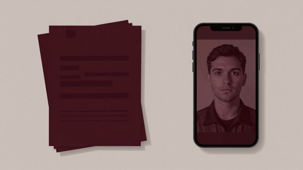 書類の山とスマートフォンに映る無表情な顔写真が対峙するイラスト