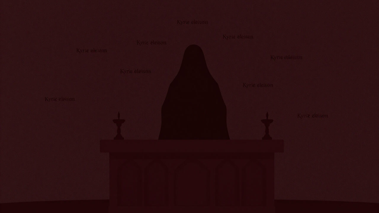 薄暗い聖堂の壇上で、幽霊のようなシルエットが「キリエ」を繰り返す幽玄な雰囲気の画像