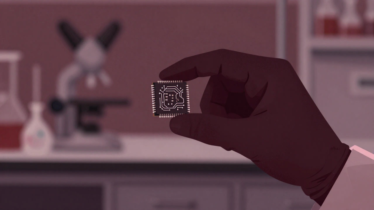 無数の微細流路が刻まれた小さなシリコンチップを、手袋越しに持つ研究者の手の画像