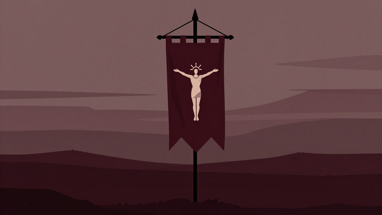 An ancient-style battlefield at dusk, a sacred banner emblazoned with an emblem flutters in the wind, concealing a shard of truth.