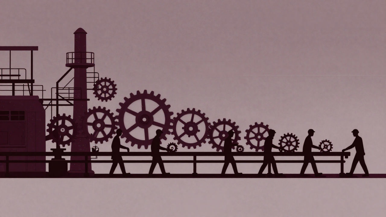 古びた工場のラインで、歯車のように同じ動作を繰り返す人間たちのシルエットの画像