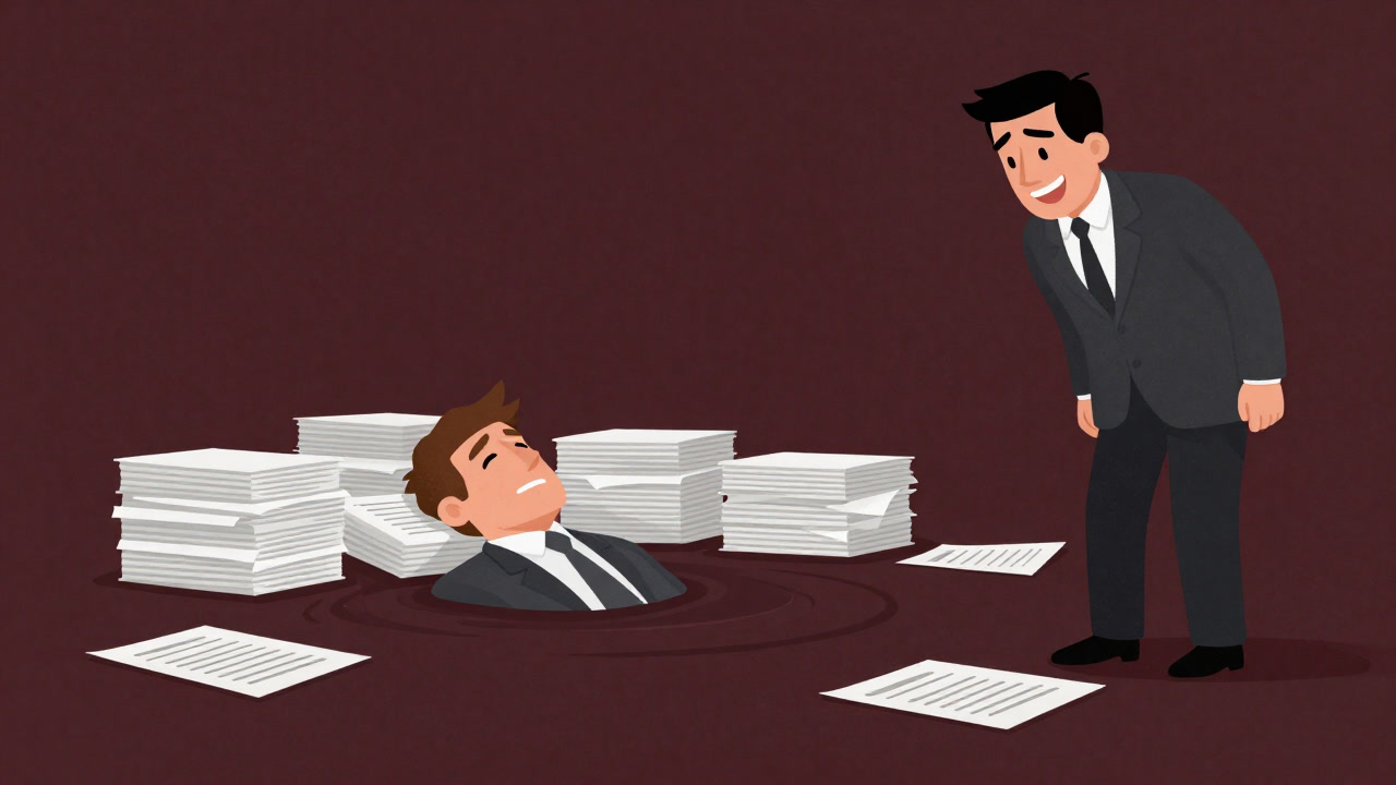 書類の山の前で苦悶する労働者と、それを笑って眺める企業のシルエットの画像