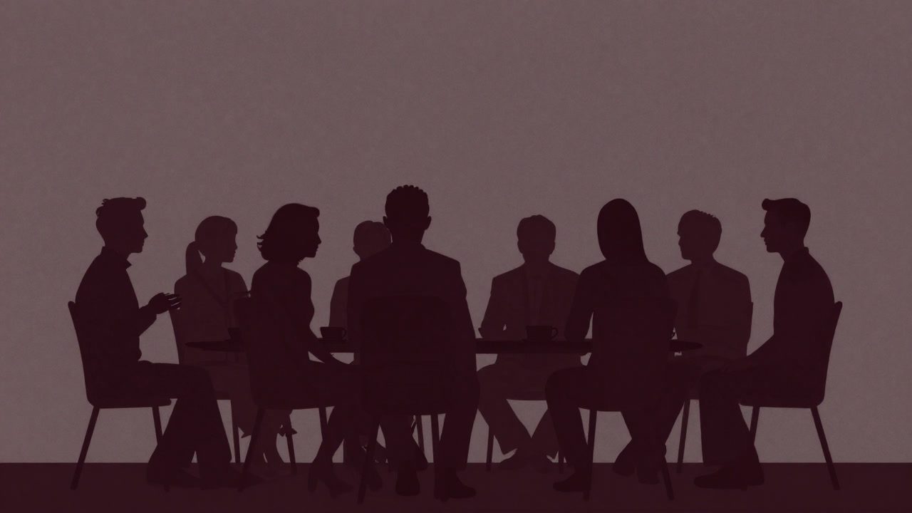 会議室でコーヒーカップを前に熱心に議論する男女のシルエット