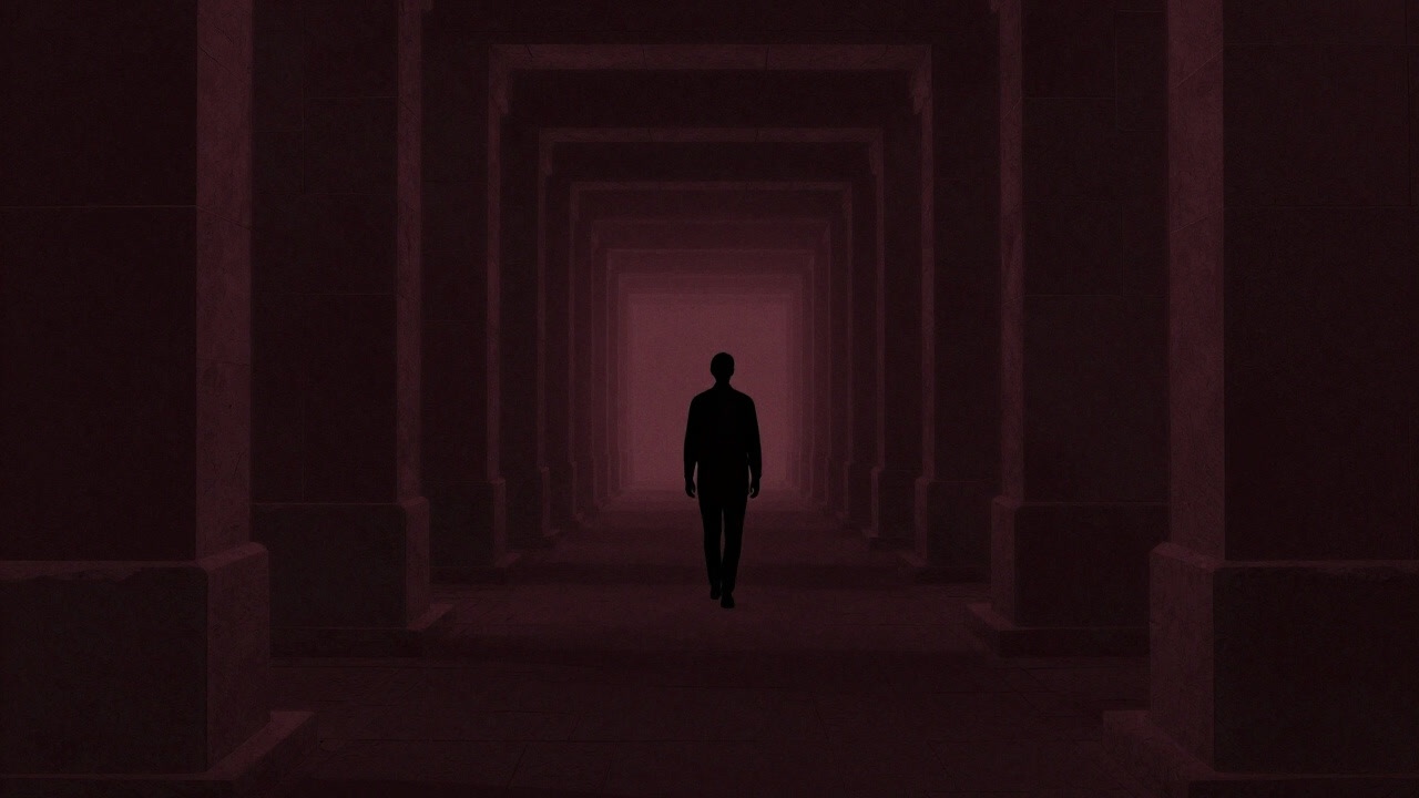 Silhouette of a person walking down a seemingly endless dark corridor