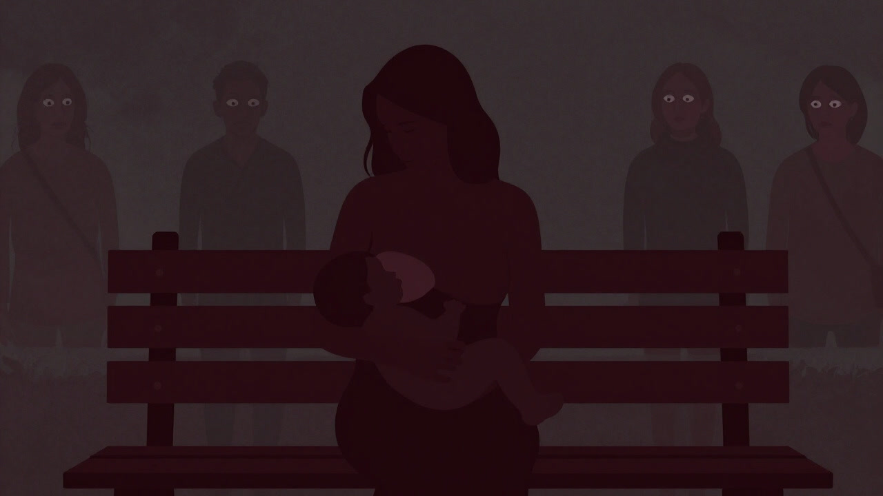 Silhouette of a mother breastfeeding on a public bench under watchful eyes