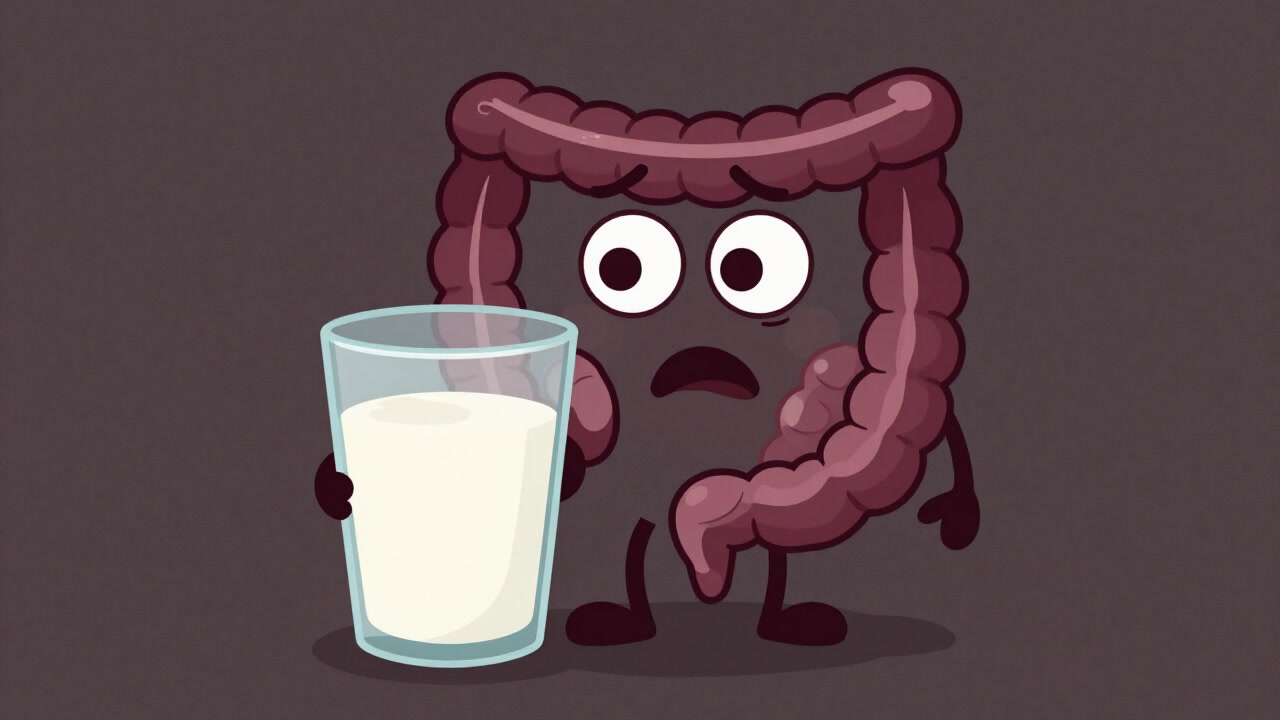 牛乳のコップを睨む恐怖に満ちた表情の腸のイラスト