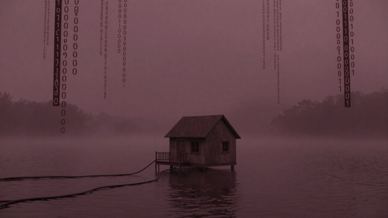 silhouette of a sterile cottage by a lake surrounded by code and cables