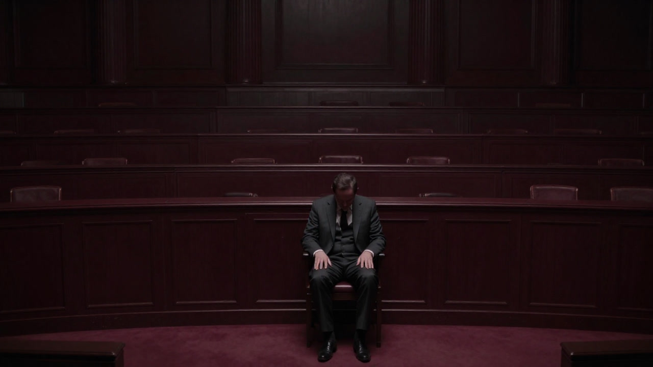 An old parliamentary chamber with a lone politician sitting isolated on a chair.