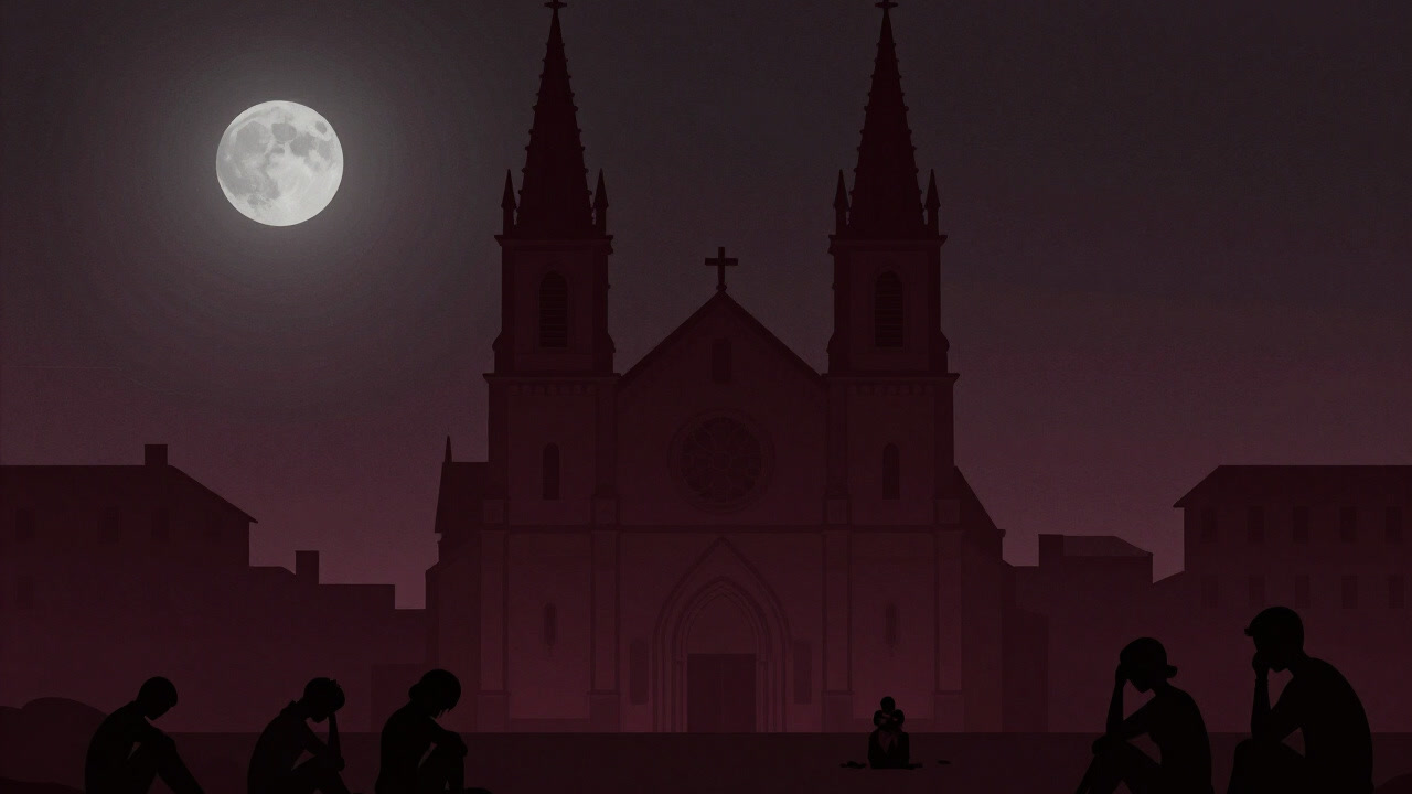 夜の教会の前で嘆き悲しむ人々のシルエットのイラスト