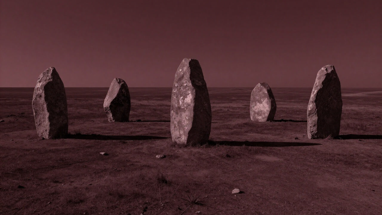 Photo of a desolate landscape lined with massive stones, highlighting the artist’s ambition in land art.