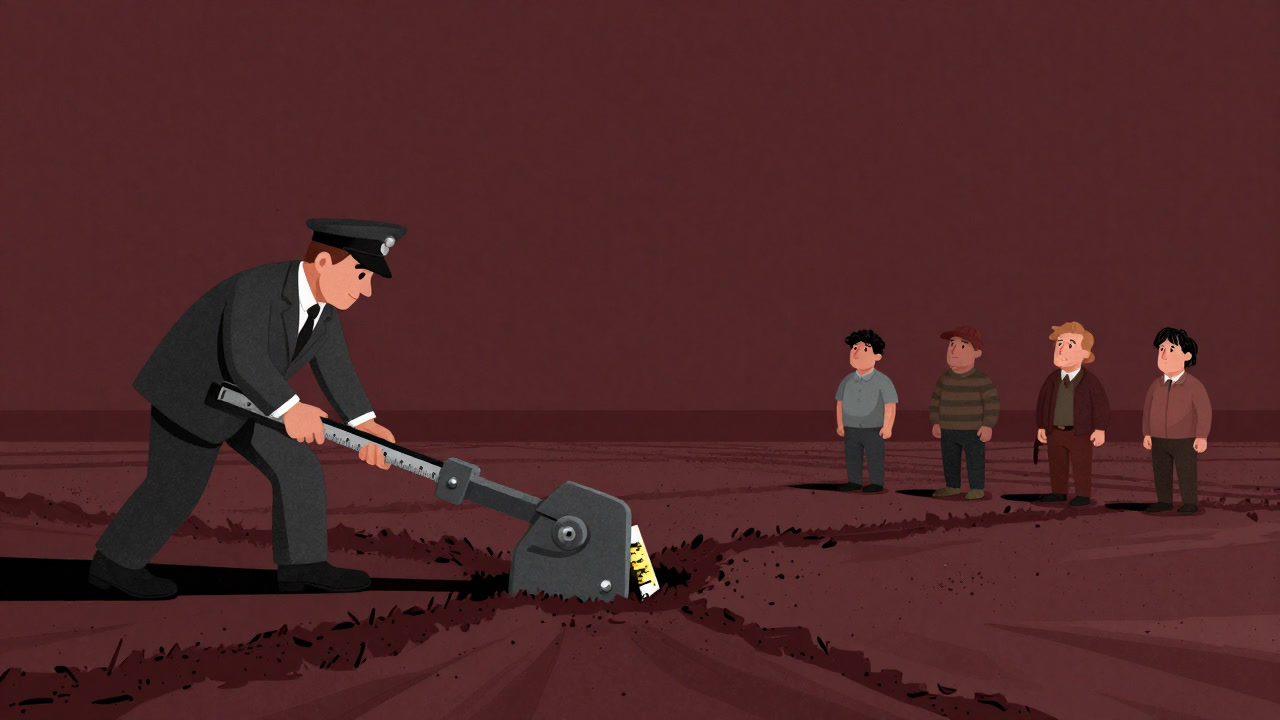 A satirical illustration of bureaucrats dividing farmland with heavy machinery while confused farmers look on.