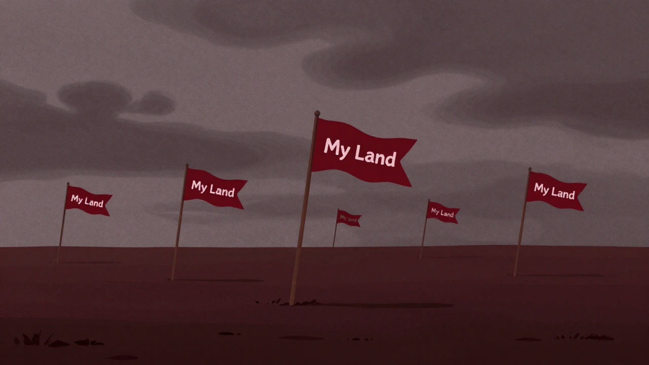 An endless plain with stakes driven into the ground, a flag fluttering that reads "My Land".