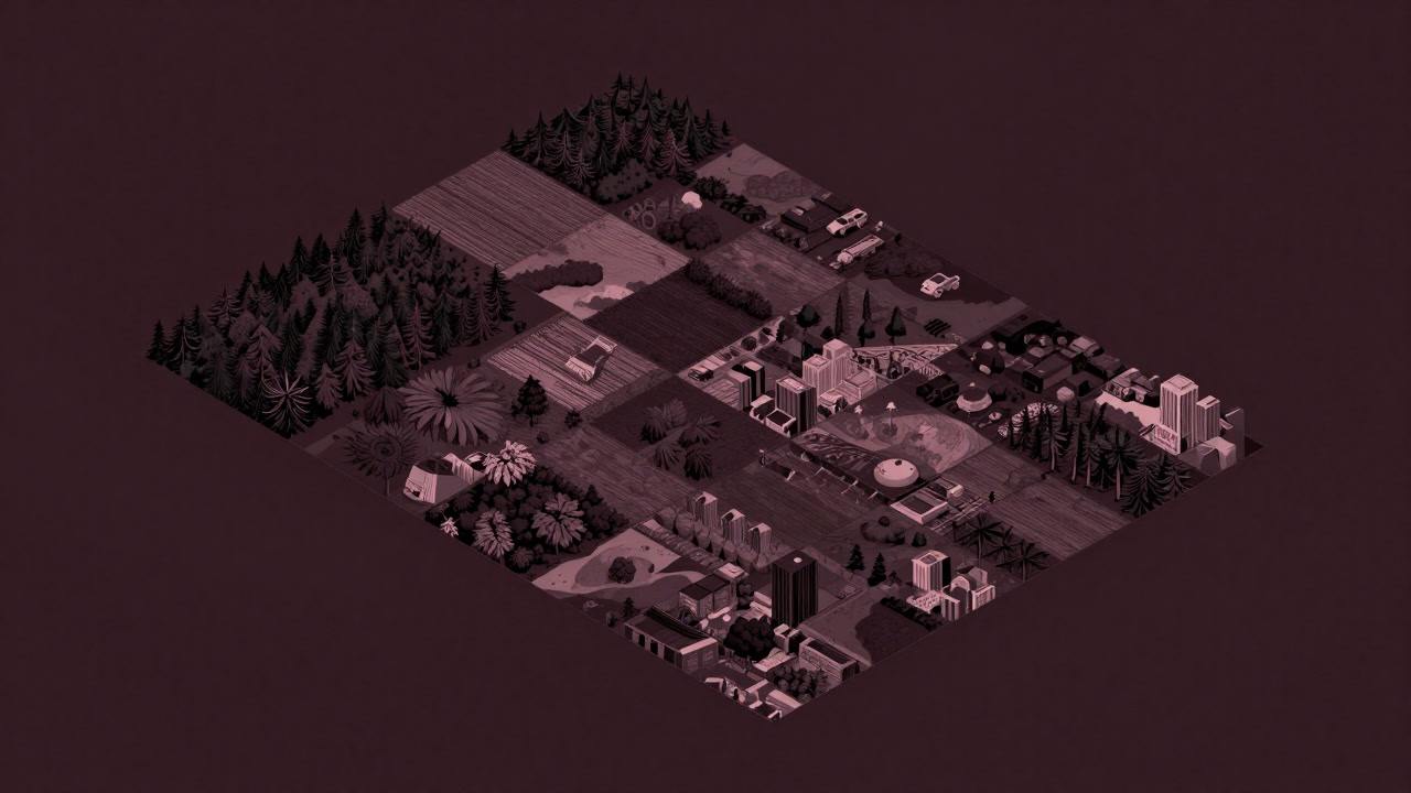A landscape patchworked with forests, housing zones, commercial buildings, and farmland, fitting together tightly