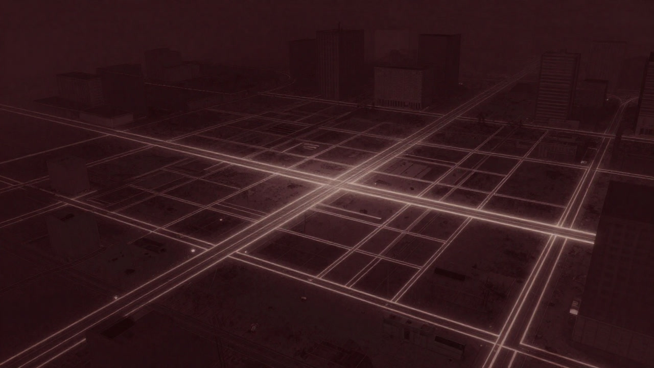 市街地の一角に映る荒れた空き地が、巨大な規制と計画の網目に絡め捕られているイメージ