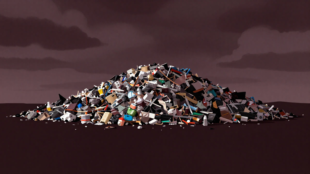 Image of a towering mountain of waste at a landfill site reaching into the sky