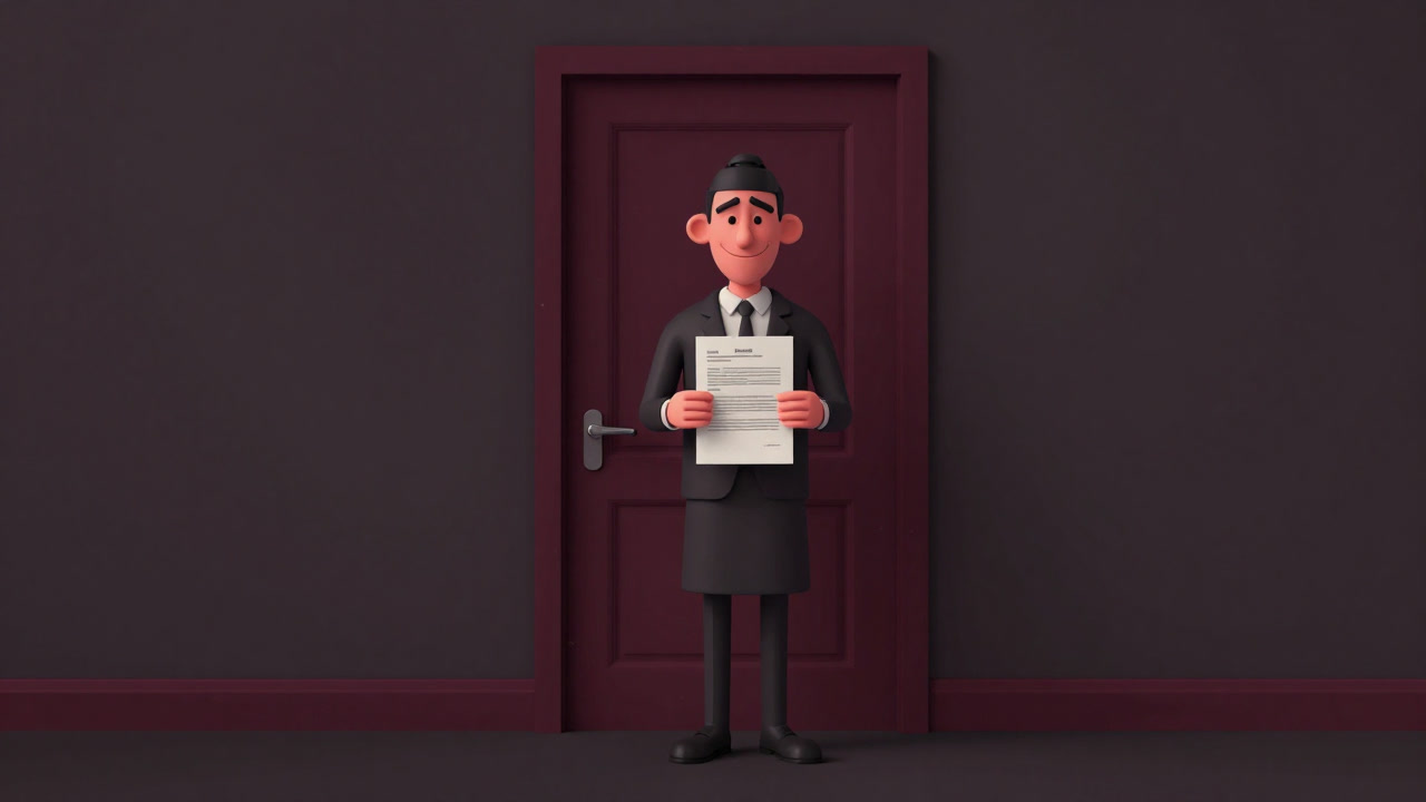 A shadowy figure smiling slyly over a stack of lease documents in front of a slightly worn apartment entrance.