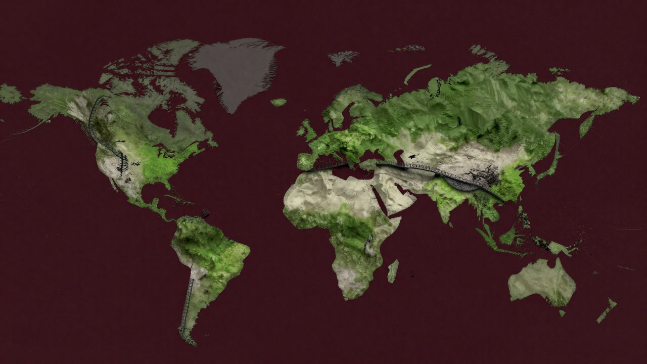 分断された緑地が点在し、小さな橋で辛うじてつながる景観を俯瞰する図