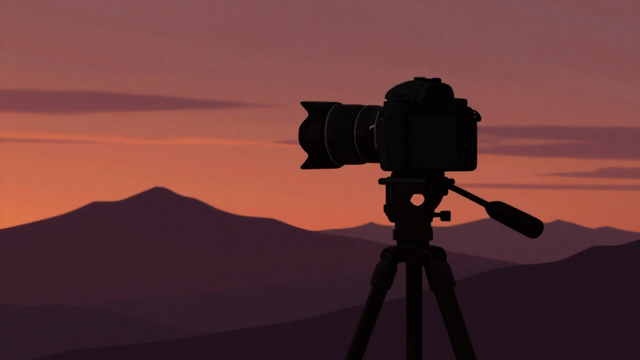 雄大な山並みが夕日に染まる中、三脚を立てたカメラを覗き込む写真家の影が映る画像