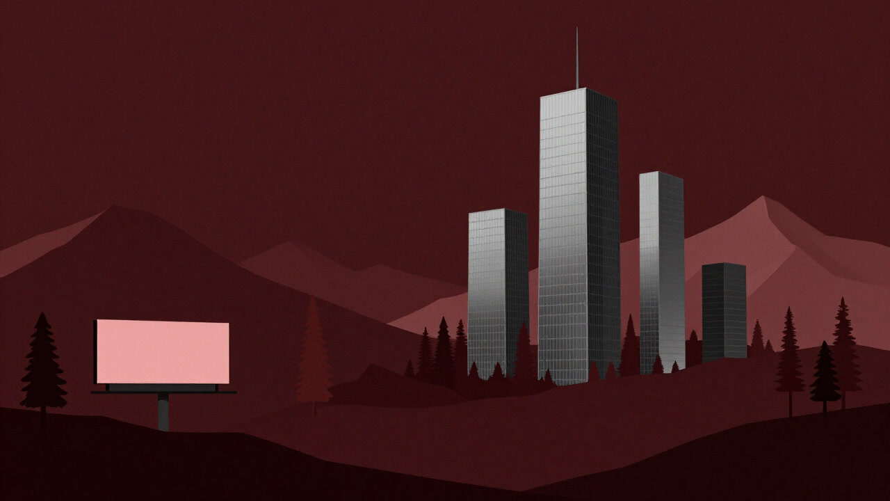 Illustration of a bizarre landscape combining artificial structures and nature, with billboards in the background.